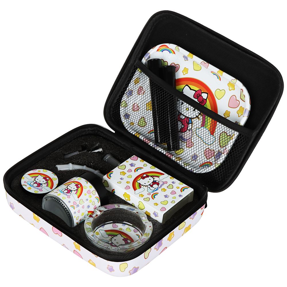 Cute Kitty Juicebox Glass Water Pipe Smoker's Travel Kit - 7" / 14mm F / Rainbow Kitty - Discreet Smoker
