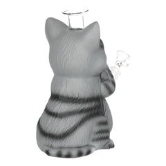 Grey Tabby Cat Glass & Vinyl Water Pipe - 9" / 14mm F - Discreet Smoker