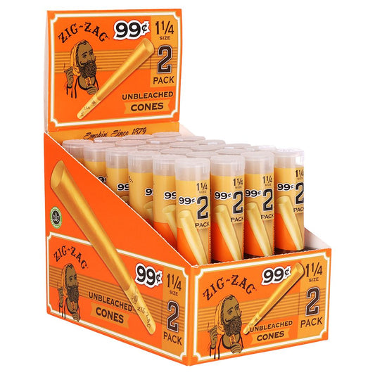 24CT DISPLAY - Zig Zag Pre-Priced Unbleached Cones - 1 1/4 / 2pc - Discreet Smoker