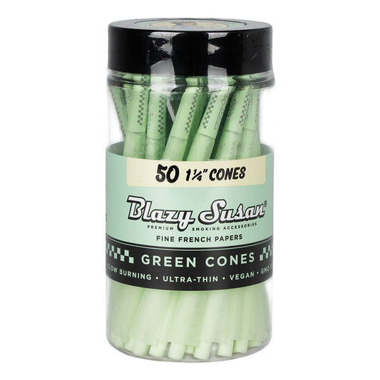 50CT JAR - Blazy Susan Green Pre-Rolled Cones - 1 1/4" - Discreet Smoker