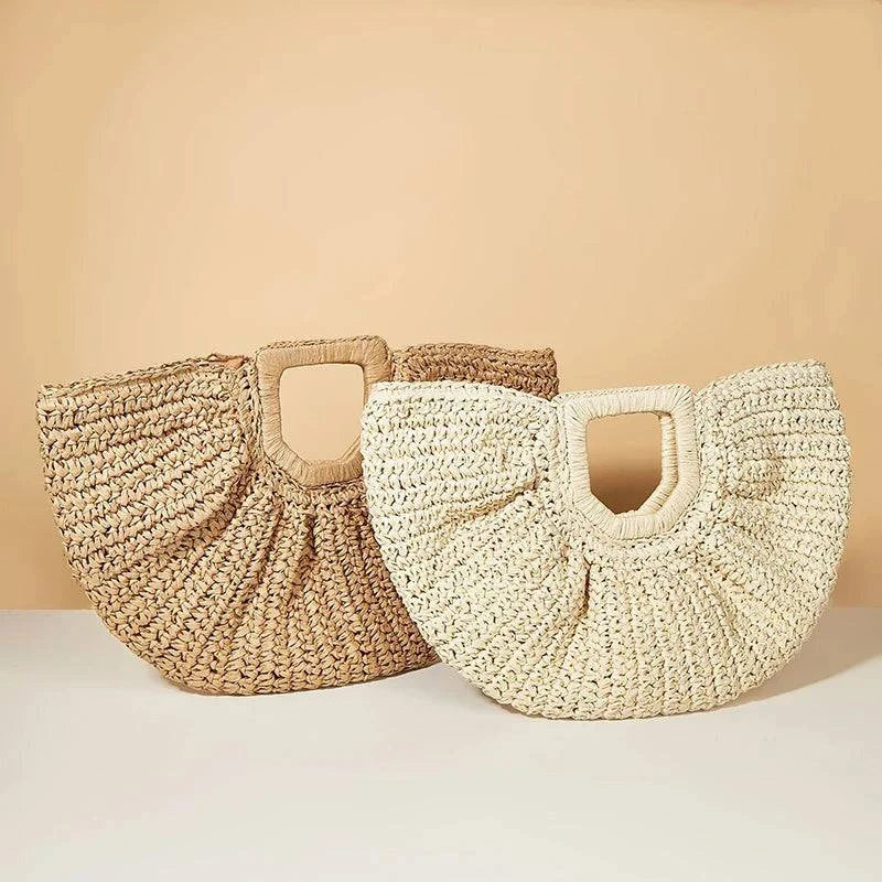Half Moon Design Basket Beach Straw Bag - Discreet Smoker