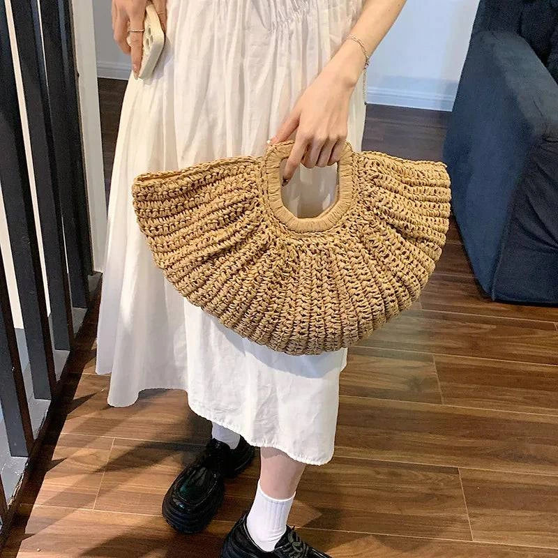 Half Moon Design Basket Beach Straw Bag - Discreet Smoker