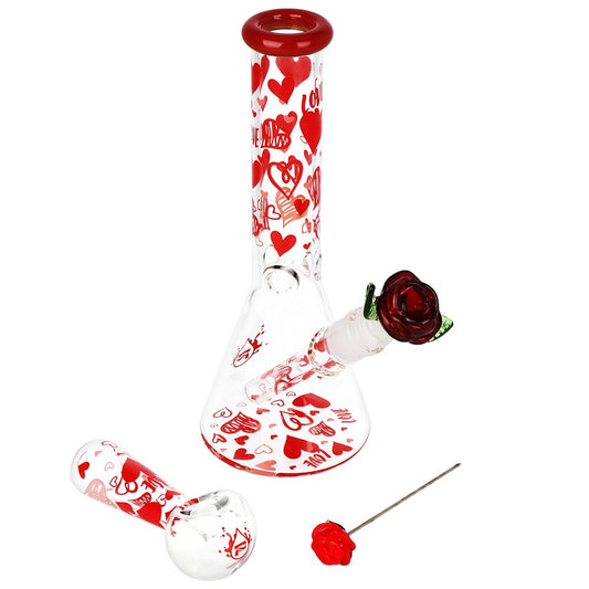 Pulsar Valentine's Hearts 'n' Roses Glass Herb Pipe Duo - 10" / 14mm F - Discreet Smoker