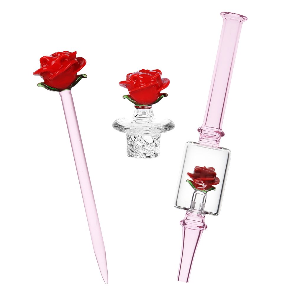 Pulsar Valentine's Rose Glass Dab Rig Set - 8.25" / 14mm F - Discreet Smoker