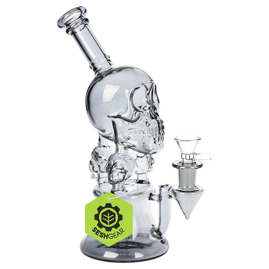SeshGear Stacked Skulls Electroplated Glass Water Pipe - 9" / 14mm F / Smoke - Discreet Smoker