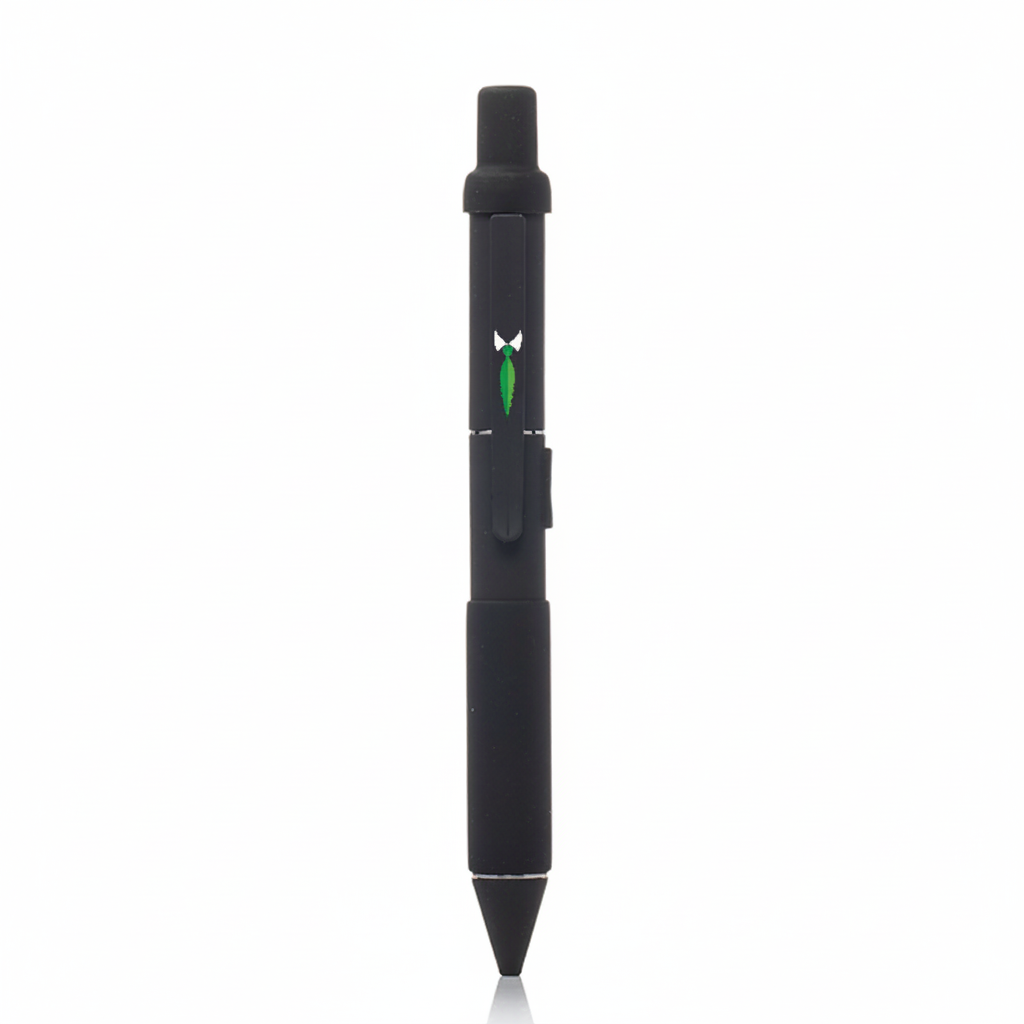 Black pen with a green logo on a white background