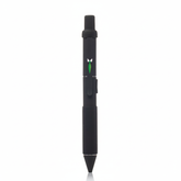 Black pen with a green logo on a white background