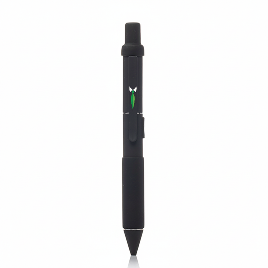 Black pen with a green logo on a white background
