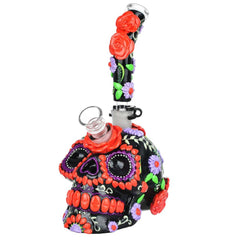 Heavy Flowered Sugar Skull Glass Water Pipe - 10" / 19mm F - Discreet Smoker