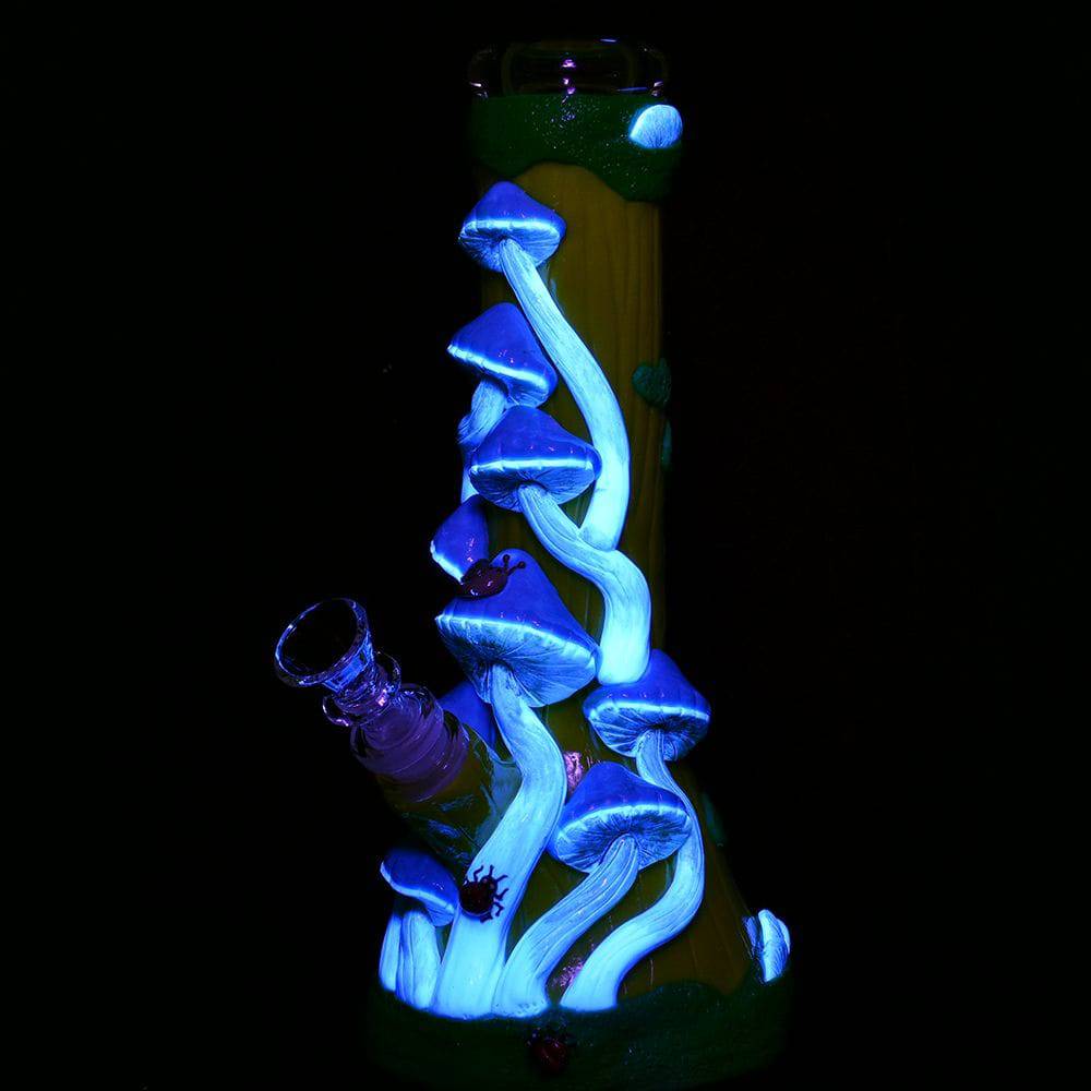 Mushroom Madness Glow in Dark Glass Beaker Water Pipe - 10" /14mm F/ Colors Vary - Discreet Smoker