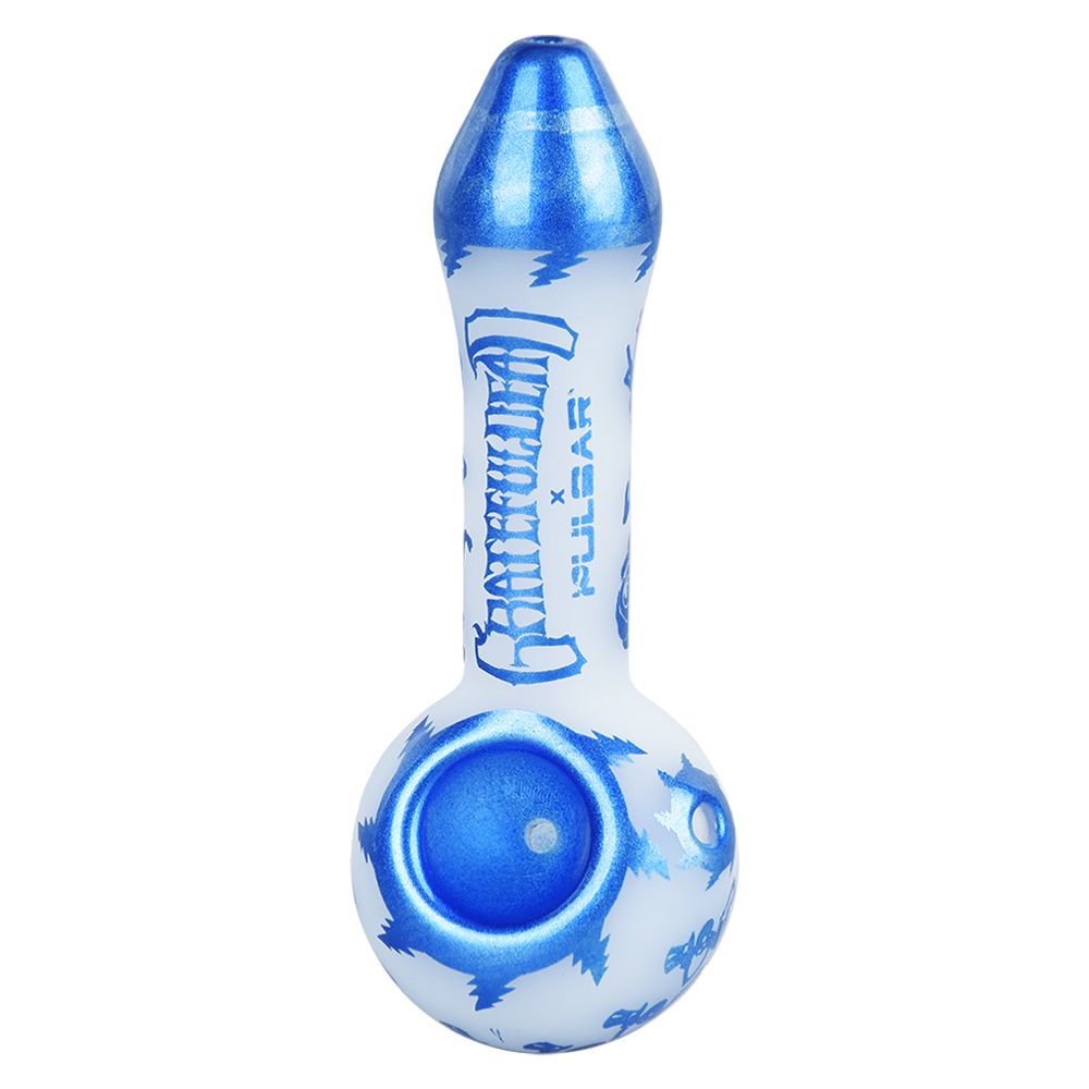Grateful Dead x Pulsar Blue Sky Dancing Skellies Glass Spoon Pipe - 4.75" - Discreet Smoker