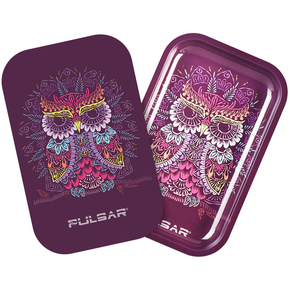 Pulsar Metal Rolling Tray w/ Lid - 11"x7" / Owl Mandala - Discreet Smoker