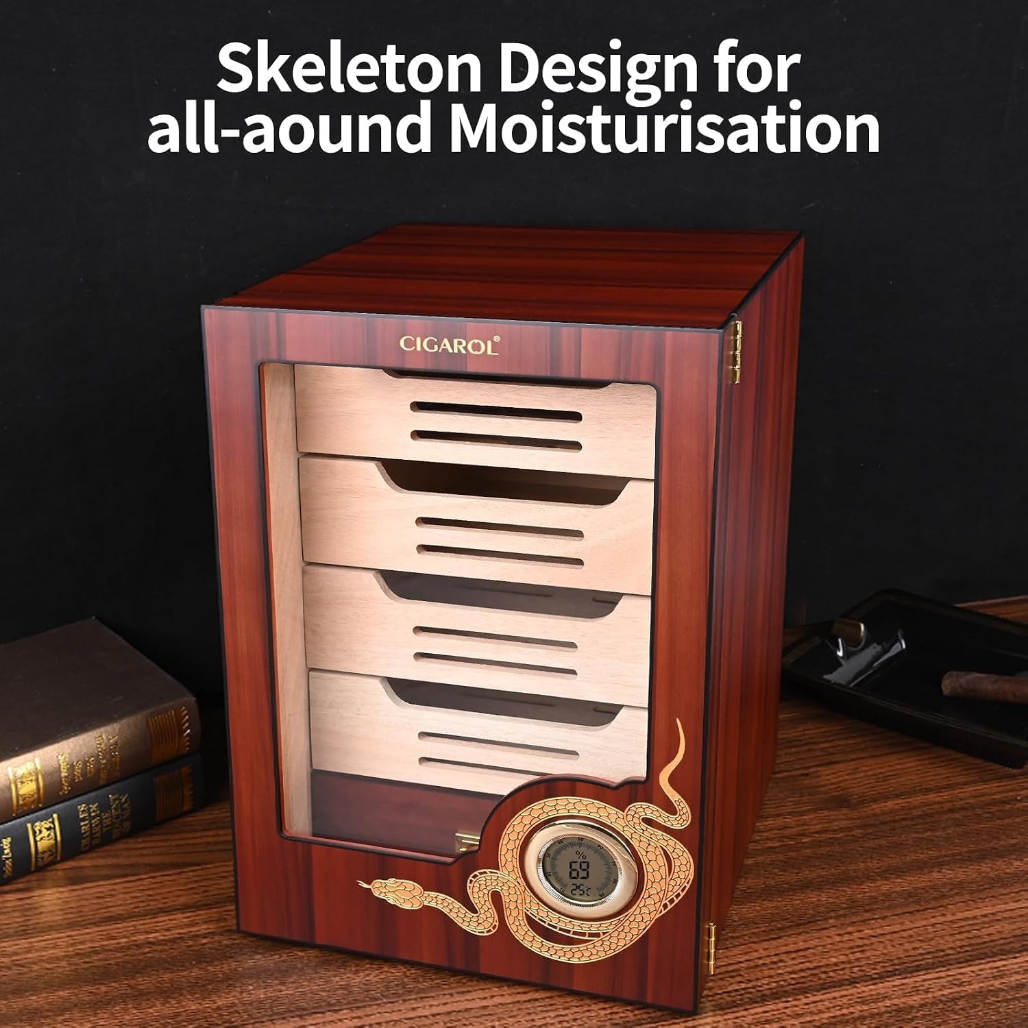 Cigar Humidor Cabinet, Cedar Wood Desktop Cigar Case with Digital Hygrometer, 4-Tier Compartments and Accessories Drawer, Holds 100-150 Cigars, Gifts for Men, Dad & Father