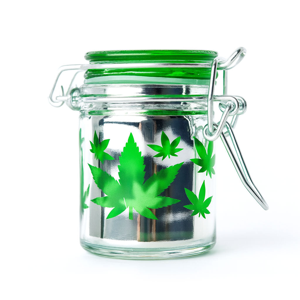 AIRTIGHT GLASS GREEN LEAF STORAGE CONTAINER - Discreet Smoker