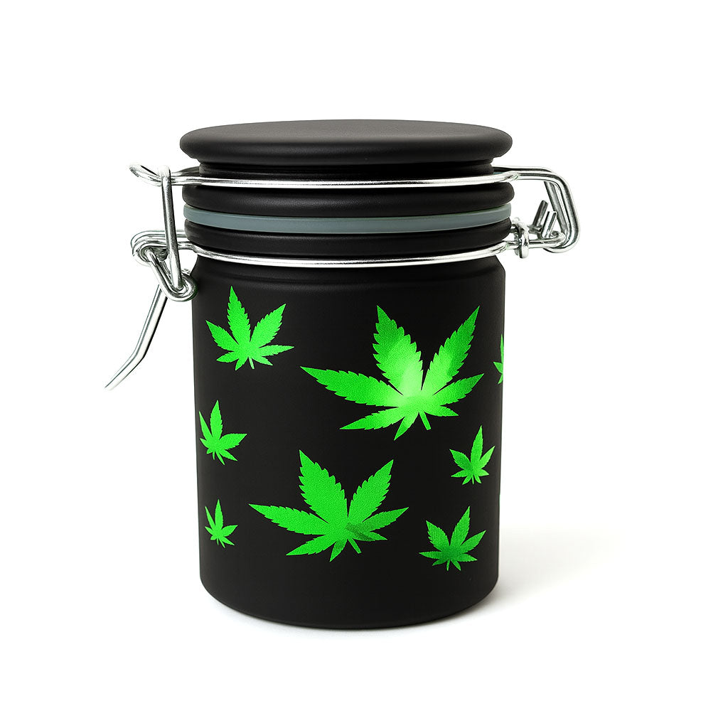 AIRTIGHT BLACK FROSTED GLASS STORAGE JAR WITH GREEN LEAF DESIGN - Discreet Smoker