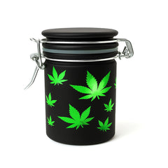 AIRTIGHT BLACK FROSTED GLASS STORAGE JAR WITH GREEN LEAF DESIGN - Discreet Smoker