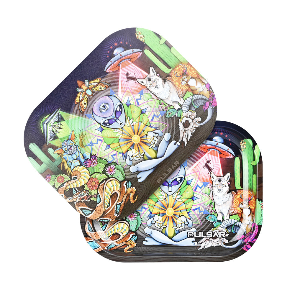 Pulsar Mini Metal Rolling Tray w/ Lid - Psychedelic Desert / 7"x5.5" - Discreet Smoker