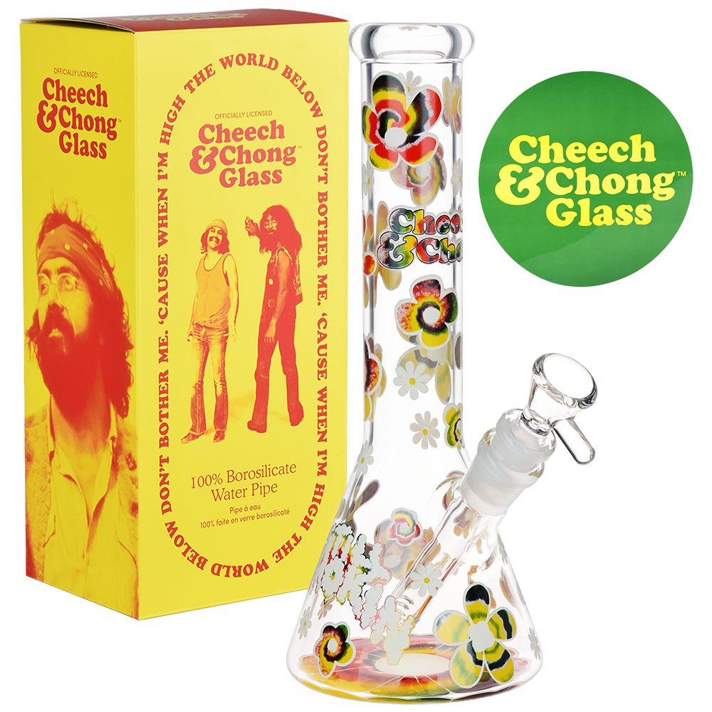 Cheech & Chong Glass Tie Dye Glow Glass Beaker Water Pipe - 10" / 14mm F - Discreet Smoker