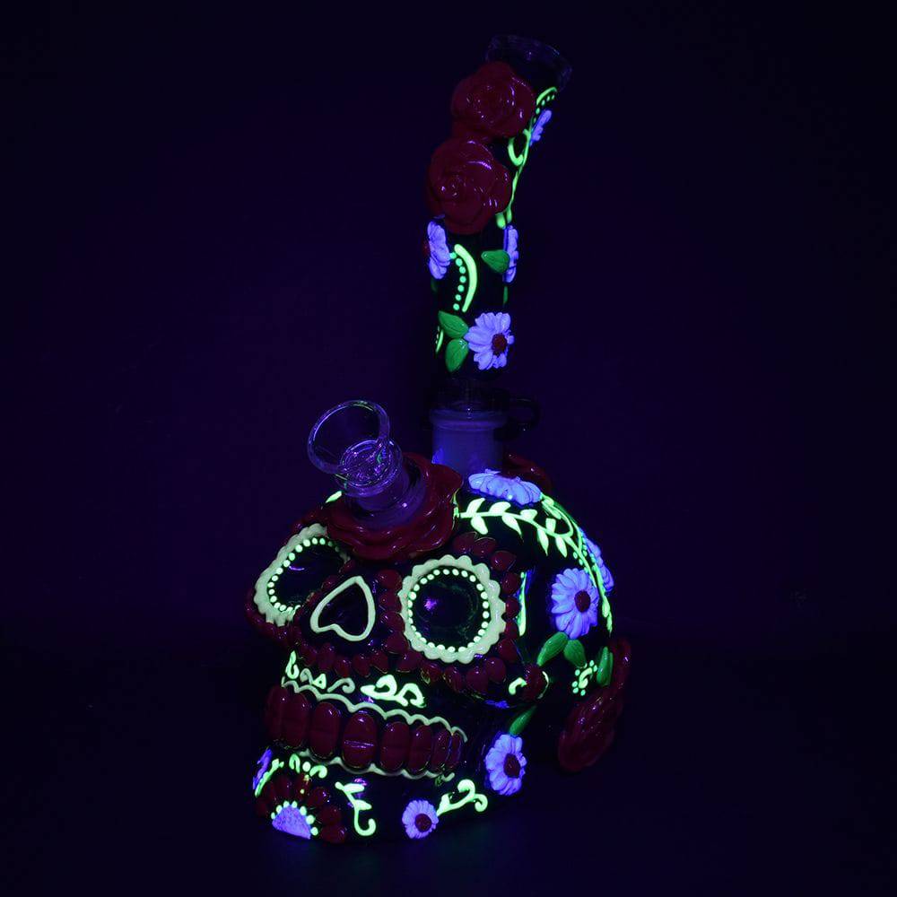 Heavy Flowered Sugar Skull Glass Water Pipe - 10" / 19mm F - Discreet Smoker