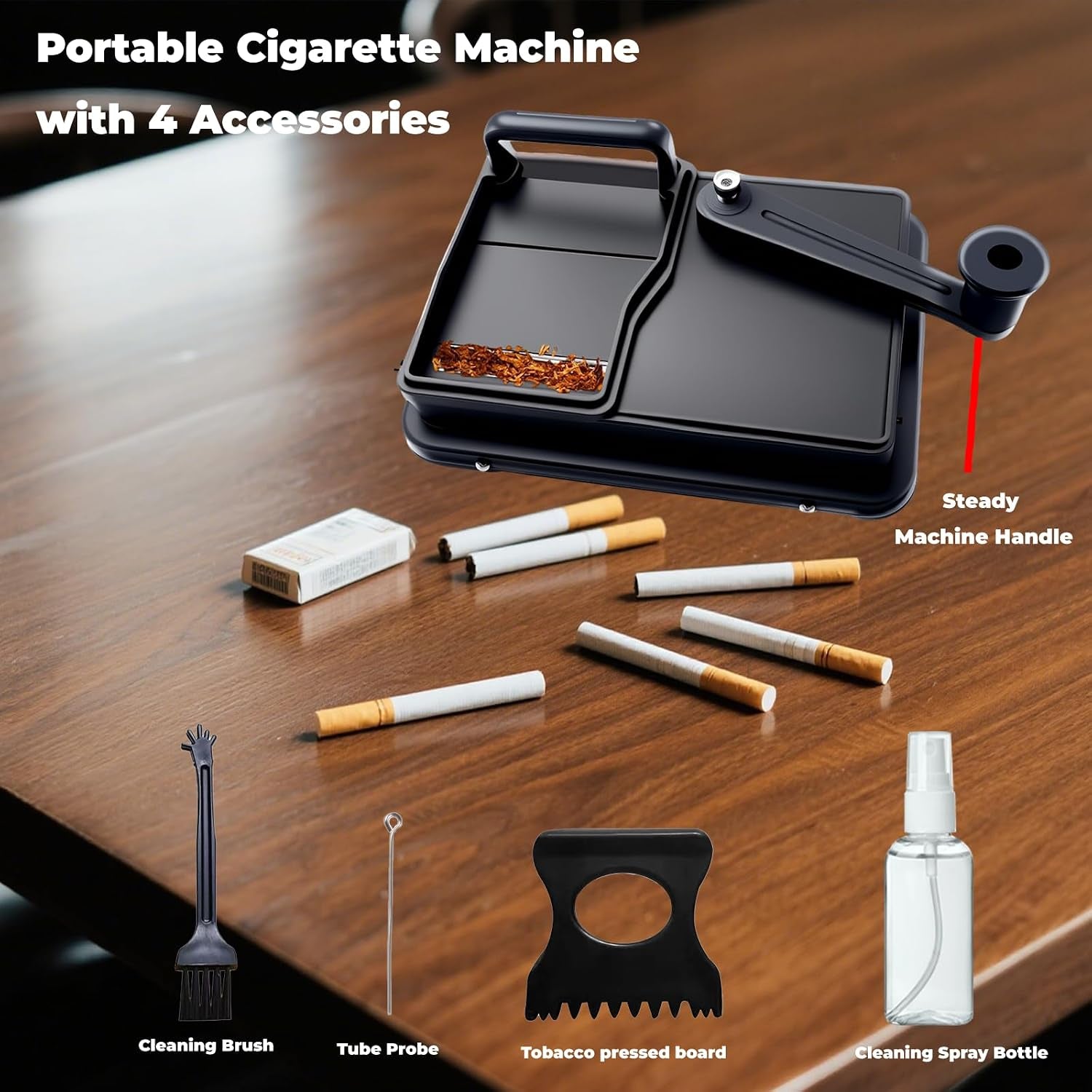 Cigarette Rolling Machine, Manual Cigarette Roller Cigarette Tobacco Injector for 8Mm Diameter Pipes and Most Cigarette Tubes - Includes Pressed Board, Cleaning Brush, Tube Probe, Spray Bottle (Black)