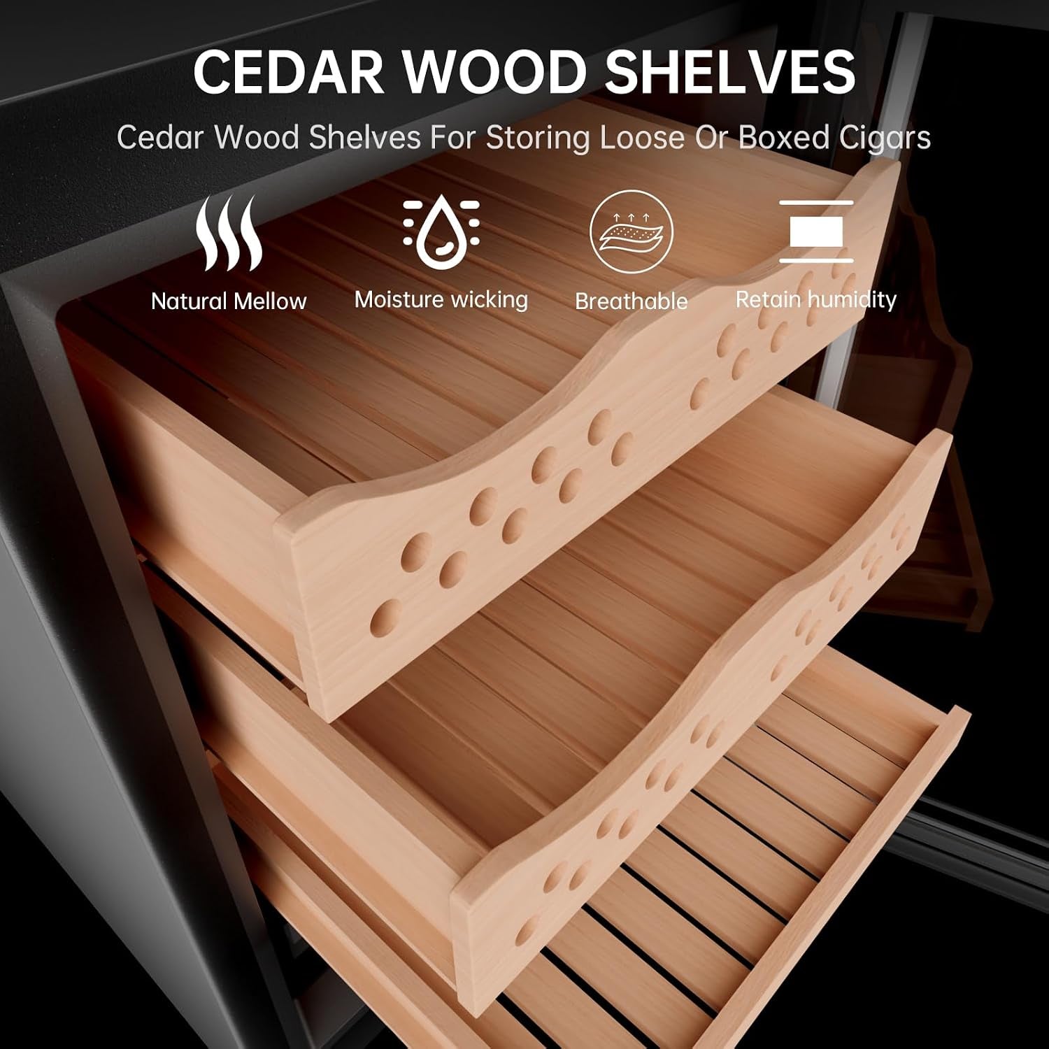 50L Electric Cigar Humidor Cabinet with 3 Cedar Wood Shelves for 300 Counts, Humidity Temperature Control, Heating & Cooling Humidor Electric Cigar Humidor Cabinet with Water Tank, Gift for Men
