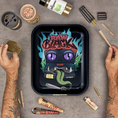 RAW Black Rolling Tray - Limited Edition Monster Design for Pre-Rolled Cones, Wrap Papers, and Accessories - Large - 14 X 11 Inches