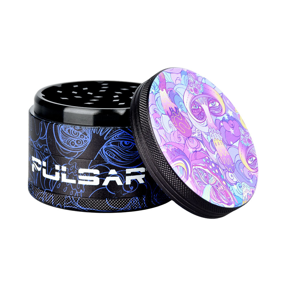 Pulsar Design Series Grinder with Side Art - Melting Mushroom / 4pc / 2.5" - Discreet Smoker