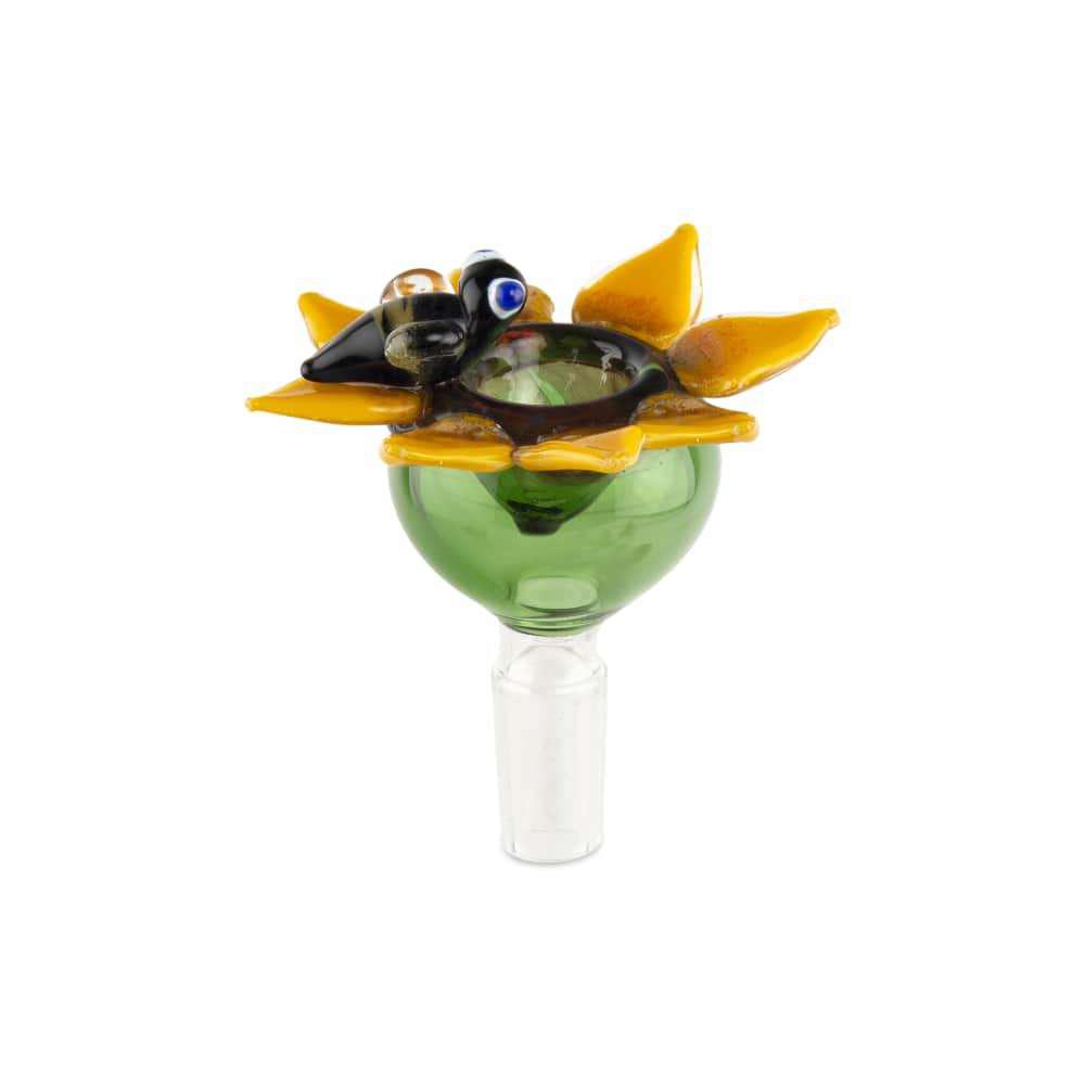 Custom Glass 14mm Sunflower Flower Bowl with Honeybee - Discreet Smoker