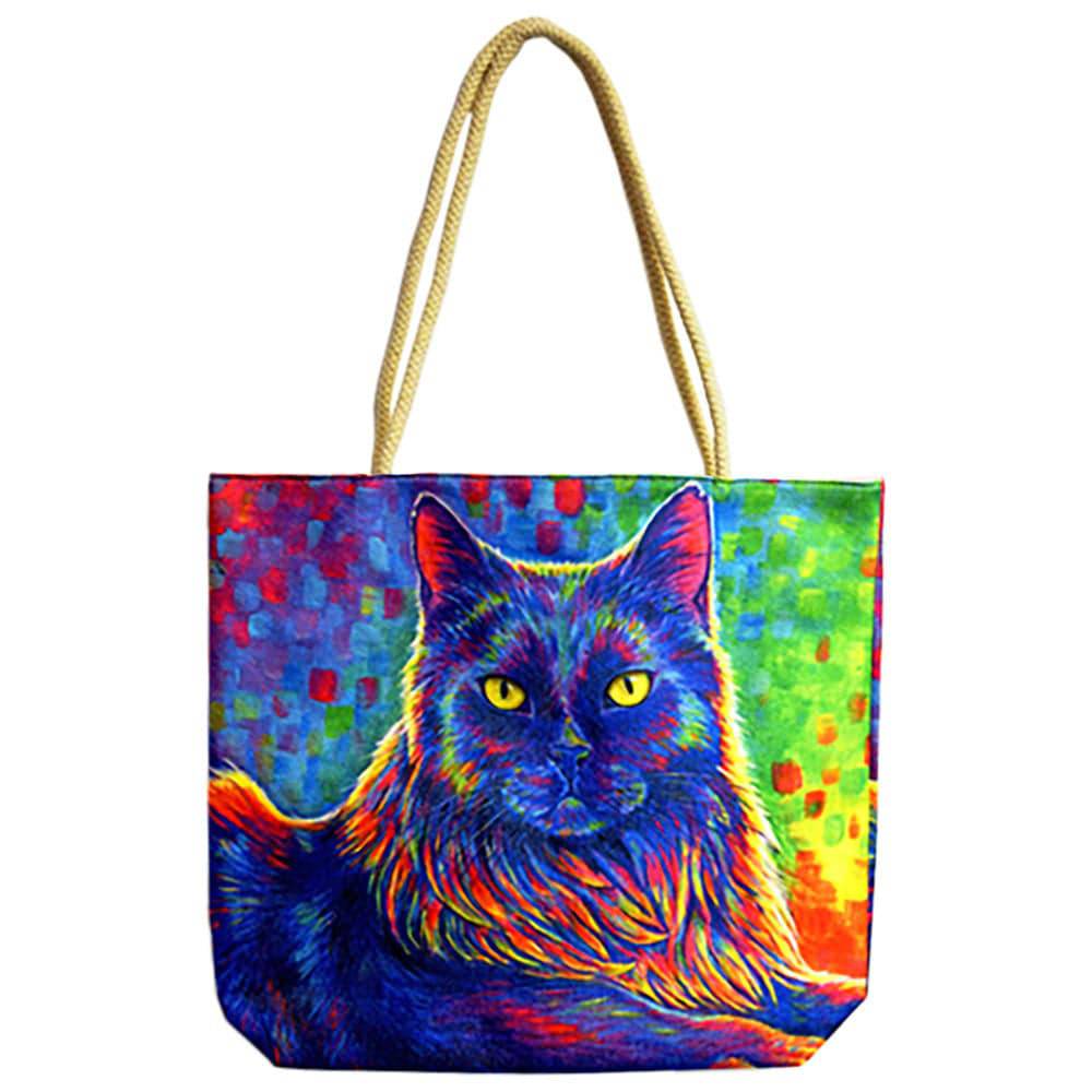 Psychedelic Rainbow Black Cat Jute Rope-Handled Tote Bag - 17"x15" - Discreet Smoker