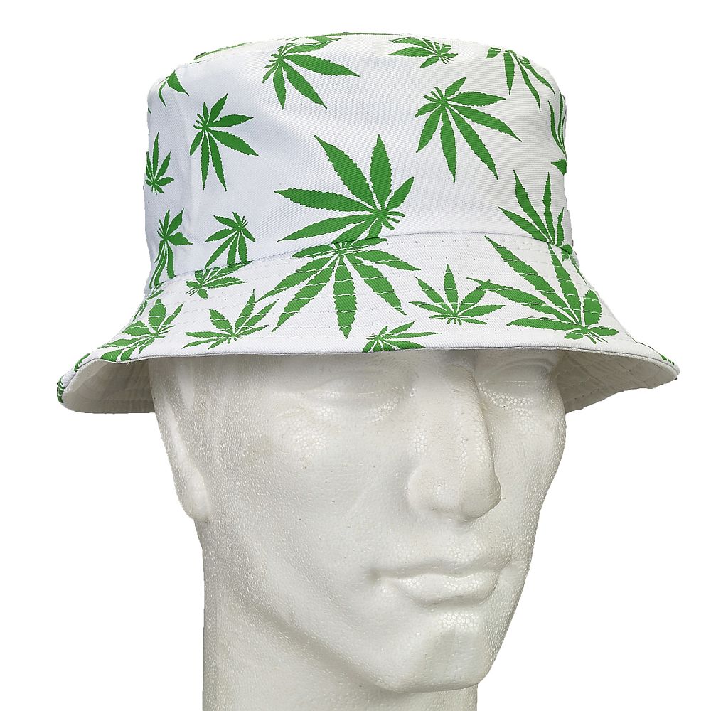 bucket hat - white hat with green leaves - Discreet Smoker