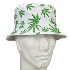 bucket hat - white hat with green leaves - Discreet Smoker
