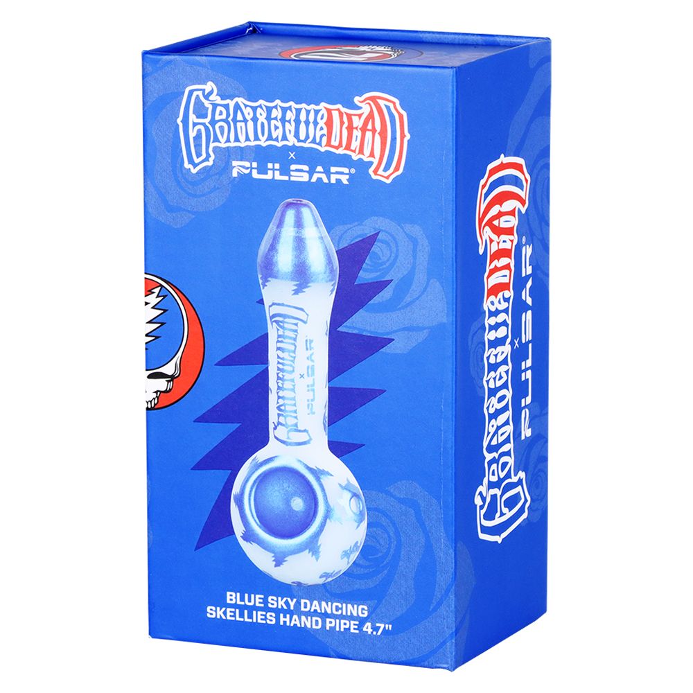 Grateful Dead x Pulsar Blue Sky Dancing Skellies Glass Spoon Pipe - 4.75" - Discreet Smoker