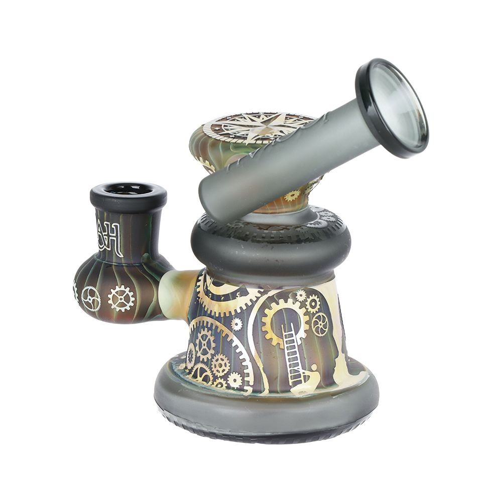 Lookah Glass Sacred Gear Black Etched Water Pipe - 5" / 14mm F - Discreet Smoker