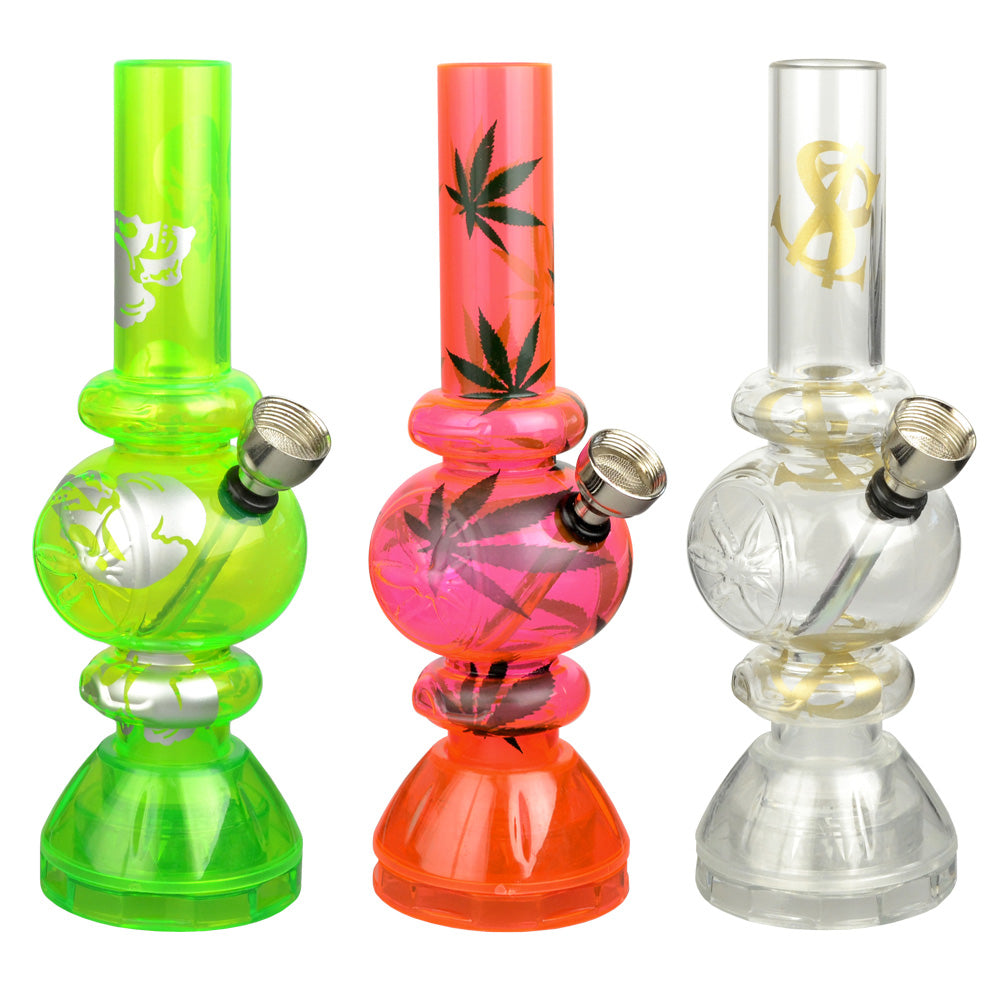Mini Acrylic Bubble Water Pipe w/ Built in Grinder Base - 6.75" / Assorted Designs - Discreet Smoker