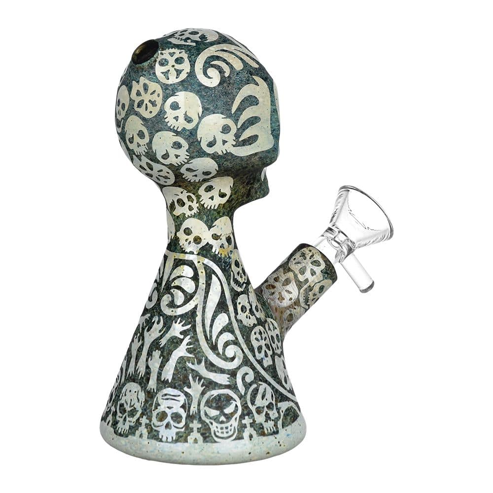 Etched Sugar Skull Glass Water Pipe - 5.5" / 14mm F - Discreet Smoker