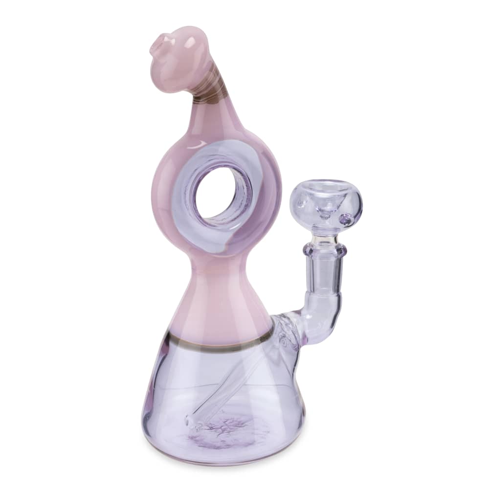 Custom Glass 6” Pink and Purple Donut Rig Water Pipe - Discreet Smoker