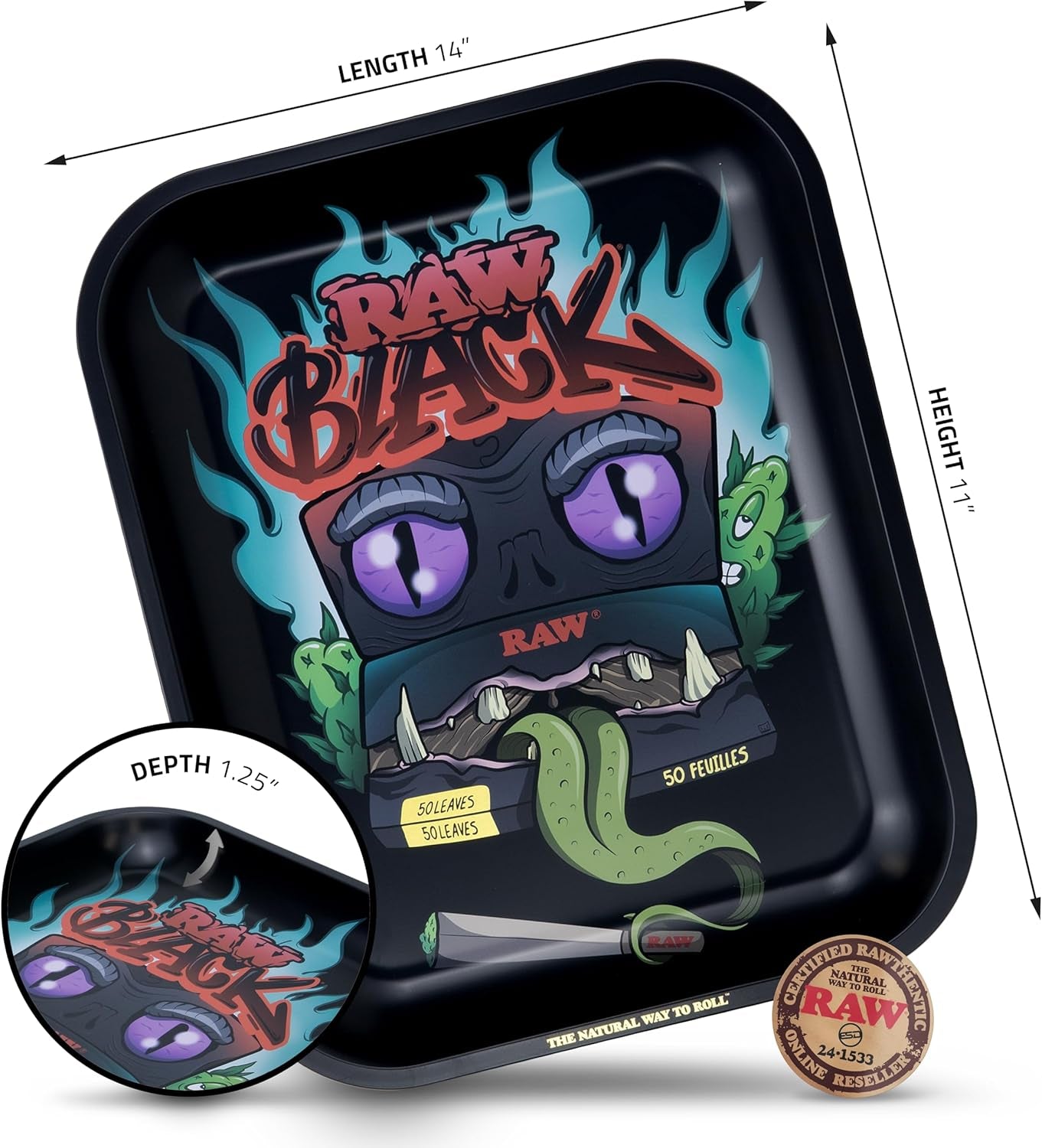 RAW Black Rolling Tray - Limited Edition Monster Design for Pre-Rolled Cones, Wrap Papers, and Accessories - Large - 14 X 11 Inches
