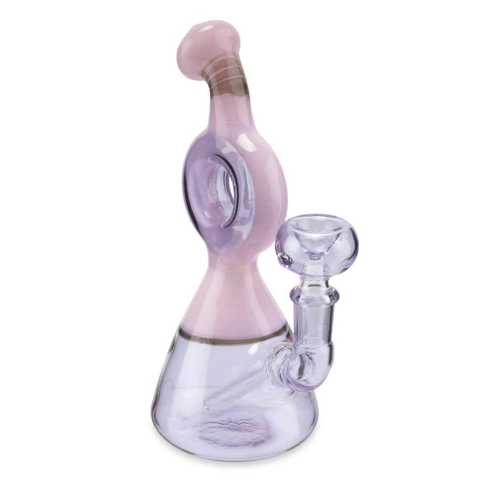 Custom Glass 6” Pink and Purple Donut Rig Water Pipe - Discreet Smoker