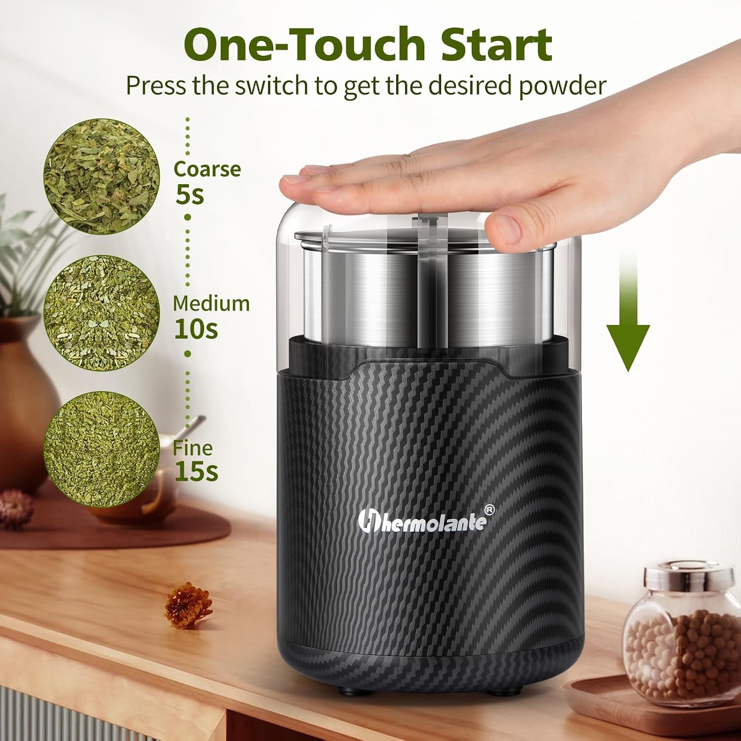 Hermolante Herb Grinder, Electric Spice Grinder, Press-Down Lid Starts