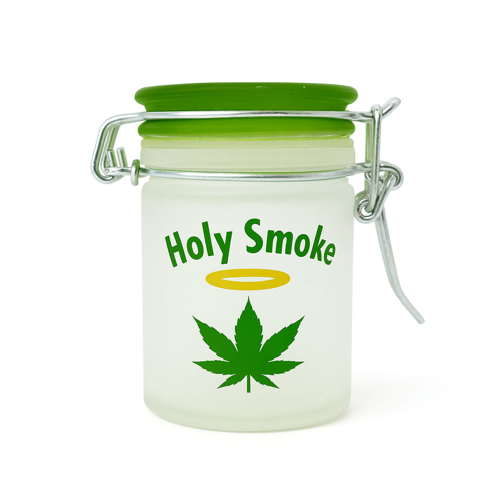 FROSTED GLASS HOLY SMOKE AIRTIGHT GREEN LID STORAGE JAR - Discreet Smoker