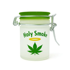 FROSTED GLASS HOLY SMOKE AIRTIGHT GREEN LID STORAGE JAR - Discreet Smoker