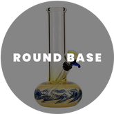 Swirled blue and yellow glass bong with a rounded water chamber, easy to use and clean.