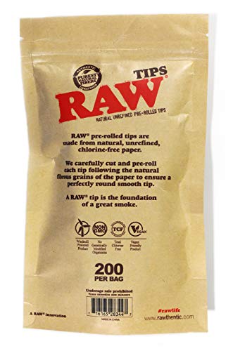 RAW Natural Unrefined Pre-Rolled Filter Tips - 1 Bag of 200 Tips - Discreet Smoker