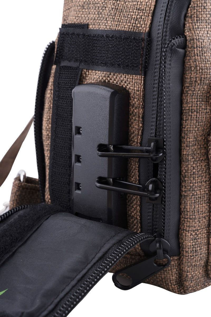 Brown Smell Proof Hemp Mini Backpack With Secret Lock - Zoomed in on Lock