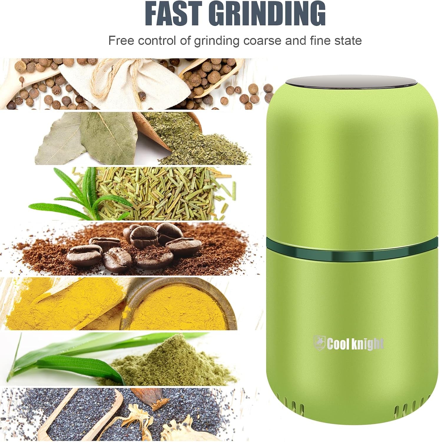 COOL KNIGHT Herb Grinder [Large Capacity/Fast/Electric ]-Spice Herb Coffee Grinder with Pollen Catcher/- 7.5" (Green)