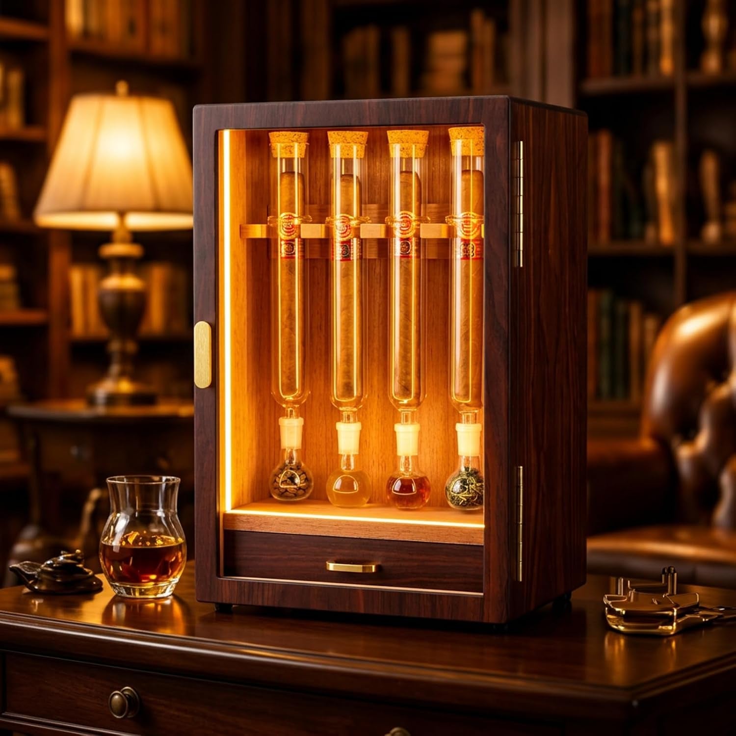 Cigar Flavoring Humidor, 4-Count, Spanish Cedar and Glass Tube Gift