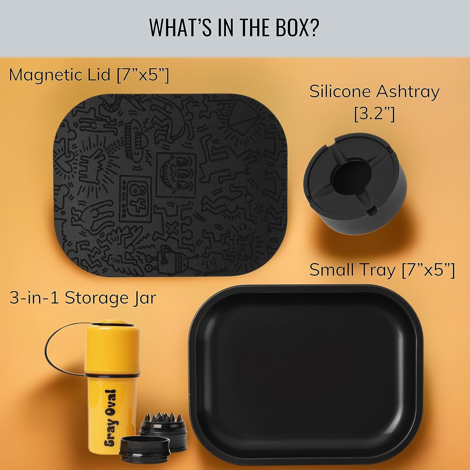 Black Rolling Tray Set with Magnetic Lid 7"X5" - Smoking Accessories by