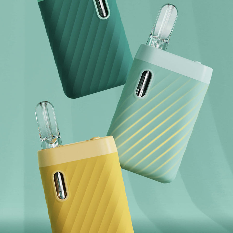 Yellow electronic device with clear components on a teal background