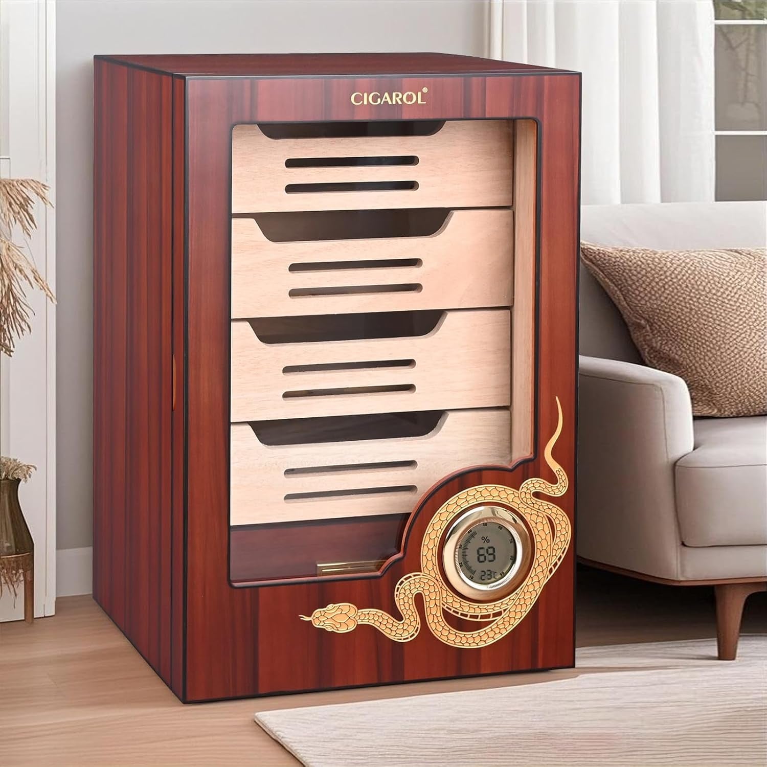 Cigar Humidor Cabinet, Cedar Wood Desktop Cigar Case with Digital Hygrometer, 4-Tier Compartments and Accessories Drawer, Holds 100-150 Cigars, Gifts for Men, Dad & Father