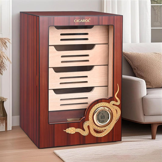 Cigar Humidor Cabinet, Cedar Wood Desktop Cigar Case with Digital Hygrometer, 4-Tier Compartments and Accessories Drawer, Holds 100-150 Cigars, Gifts for Men, Dad & Father